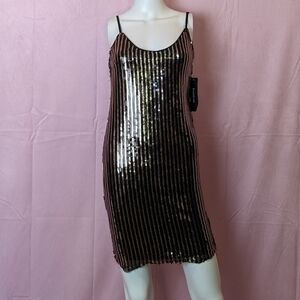 Bebe Black and Gold Sequin Stripes Cowl Back Bodycon Party Mini Dress Small
